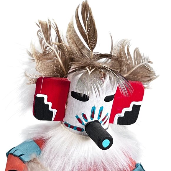 Vtg Native American Hopi Kachina Warrior Doll Signed Feathers Wooden Base - Picture 2 of 12